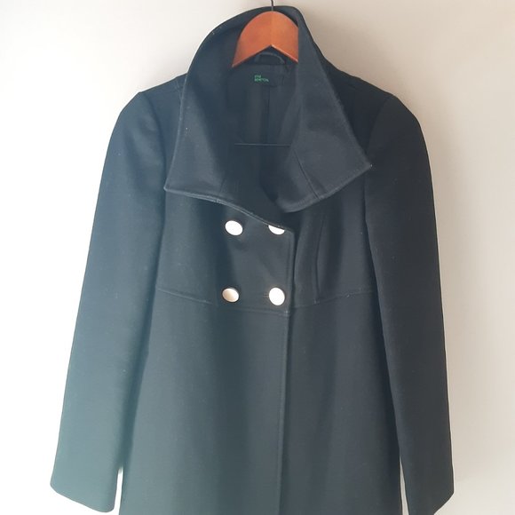 Stile Benetton Black Mid-length Wool Pea Coat Jacket | Size XS / Small - Picture 5 of 12